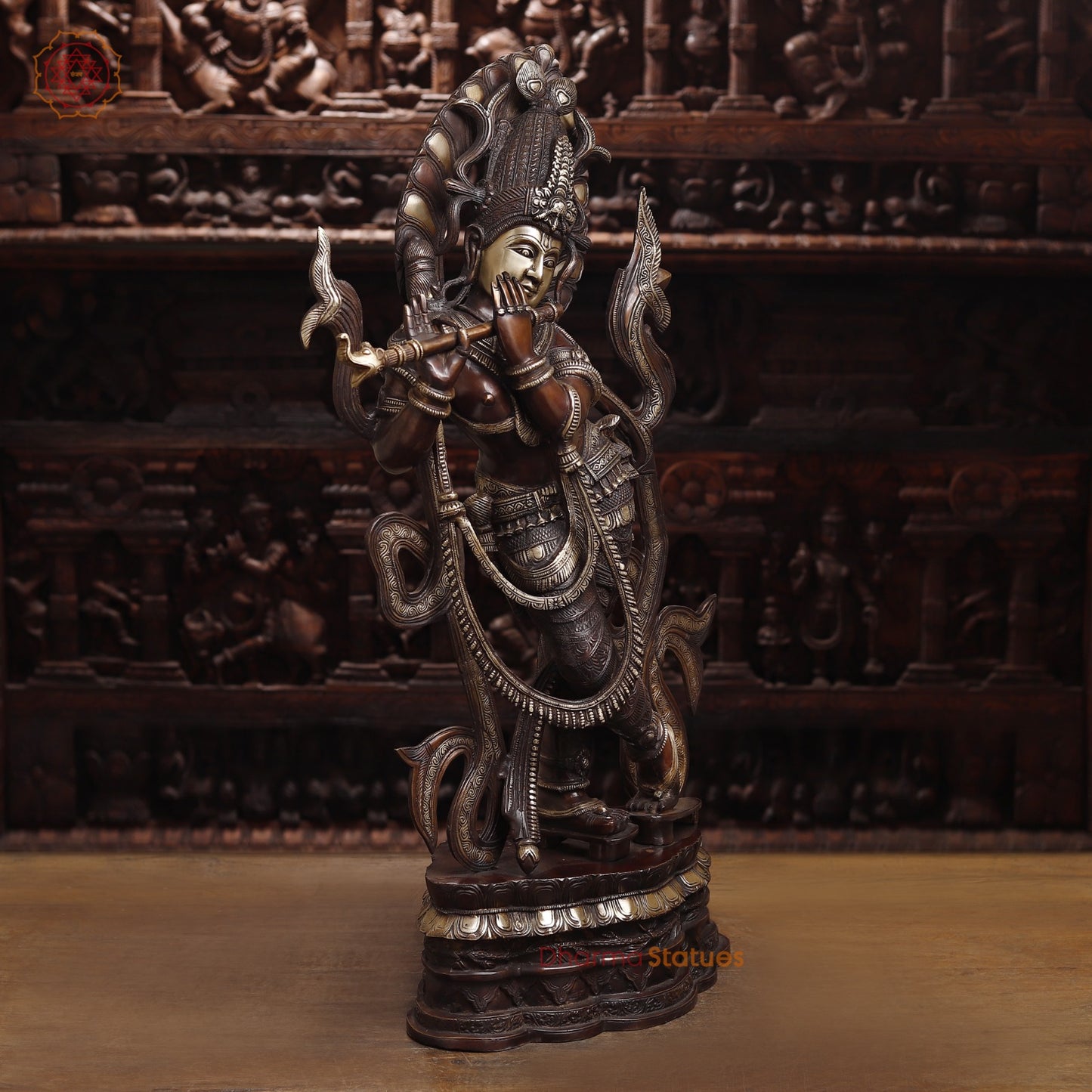 Brass Krishna Playing Flute, Rich Copper Finish, 35"