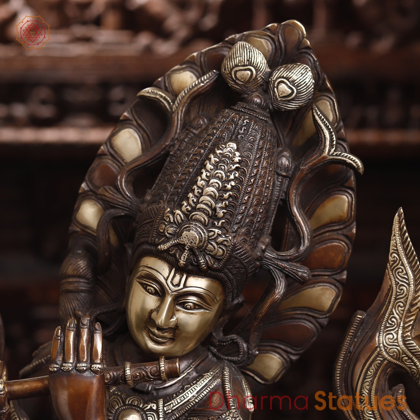 Brass Krishna Playing Flute, Rich Copper Finish, 35"
