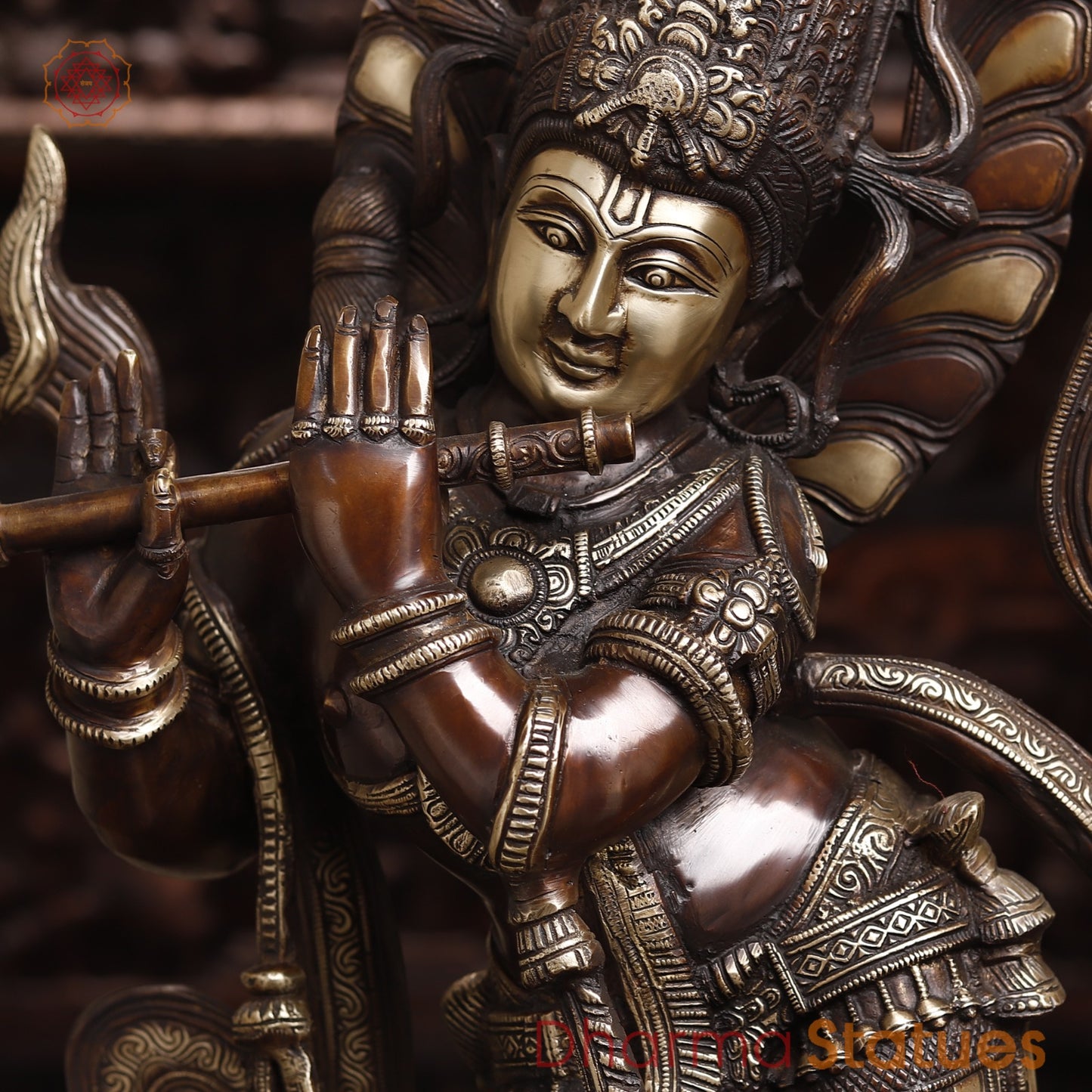Brass Krishna Playing Flute, Rich Copper Finish, 35"