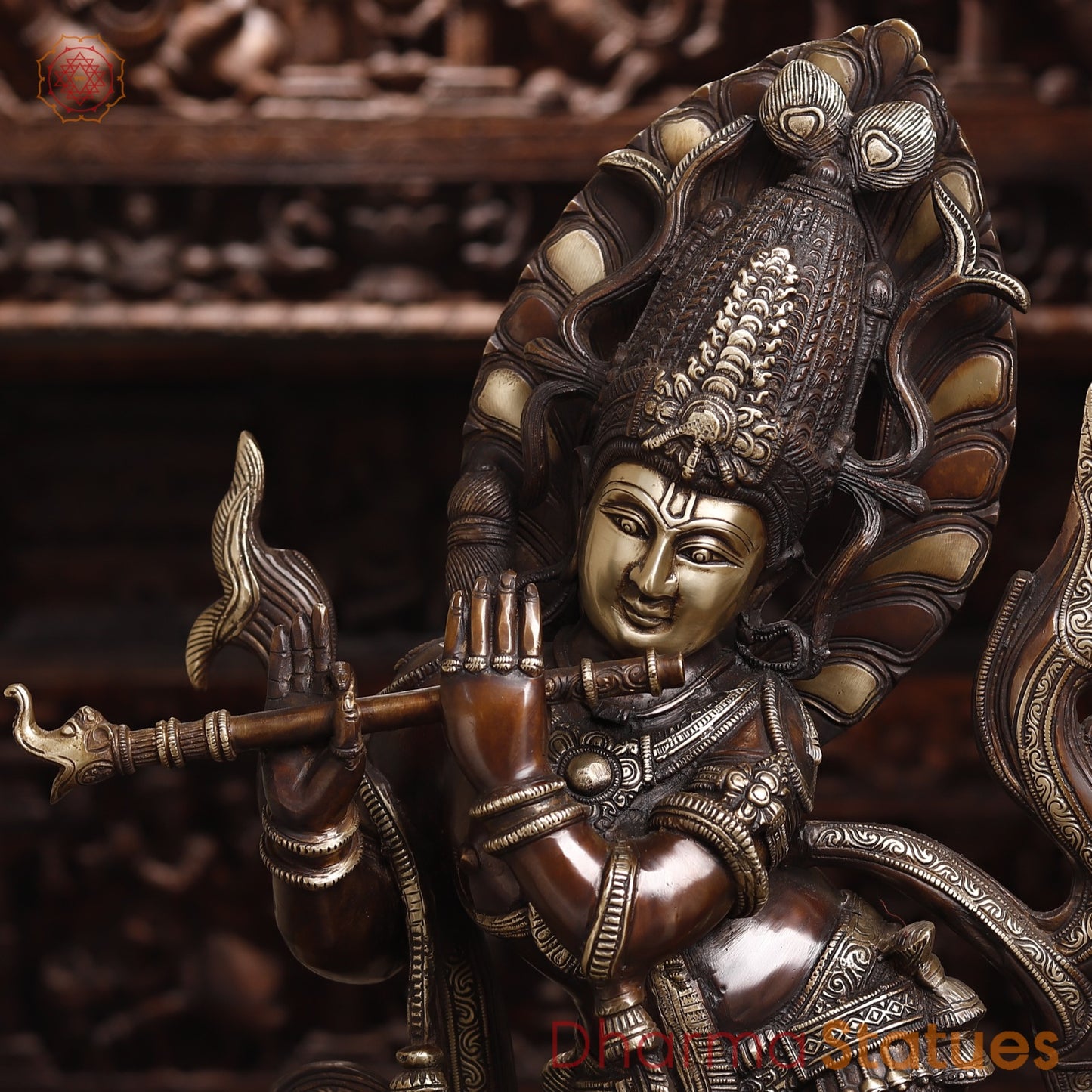 Brass Krishna Playing Flute, Rich Copper Finish, 35"