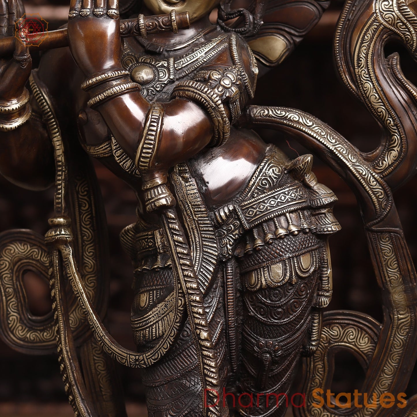 Brass Krishna Playing Flute, Rich Copper Finish, 35"