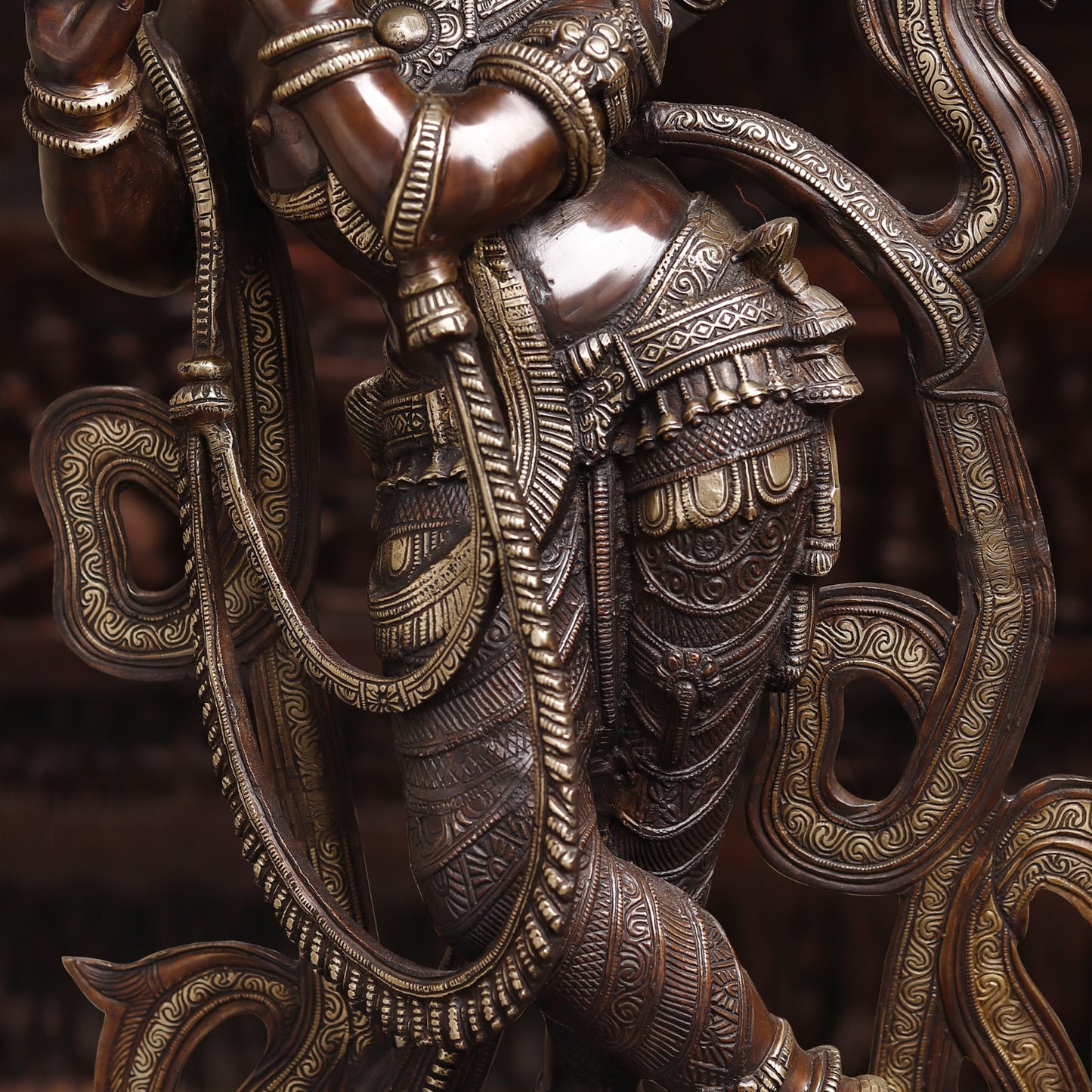 Brass Krishna Playing Flute, Rich Copper Finish, 35"