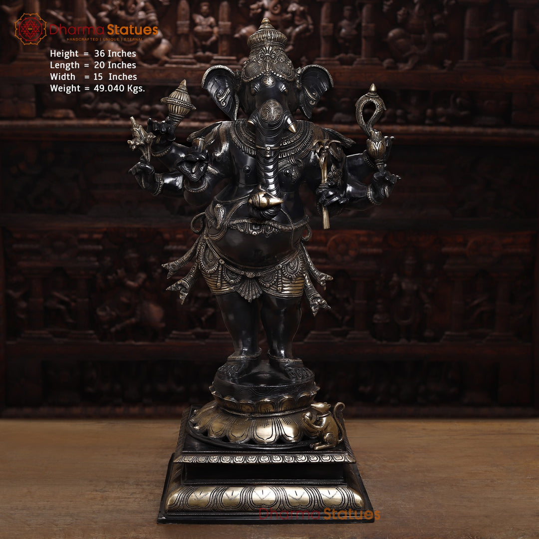 Brass Ganesh Statue, Standing, Black Patina Finish with Golden Detailing 36" Front View