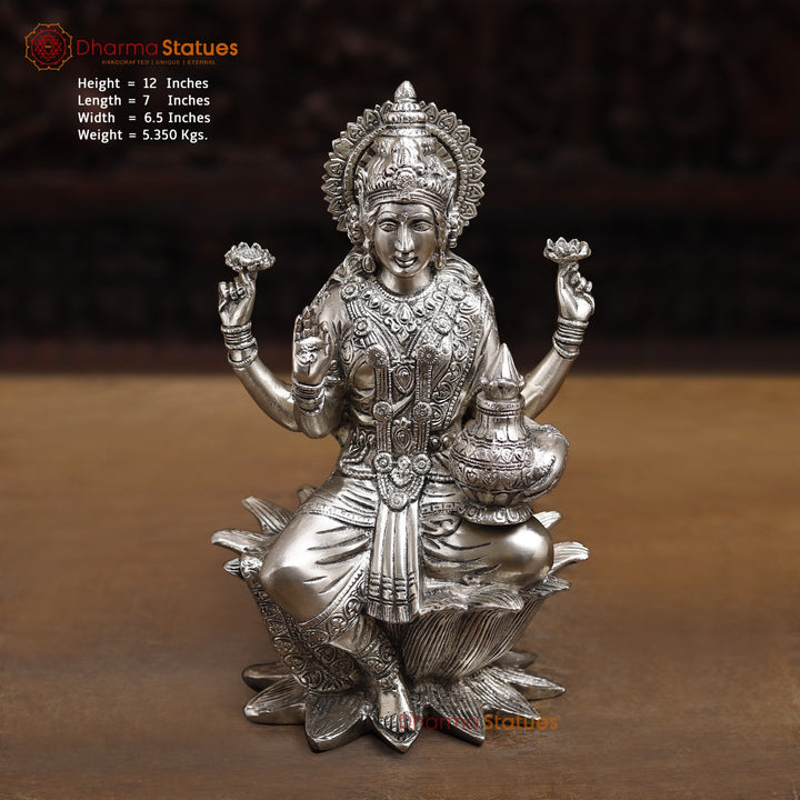 Brass Lakshmi Statue, The Goddess of Fortune,  Fine Silver Finish 12"