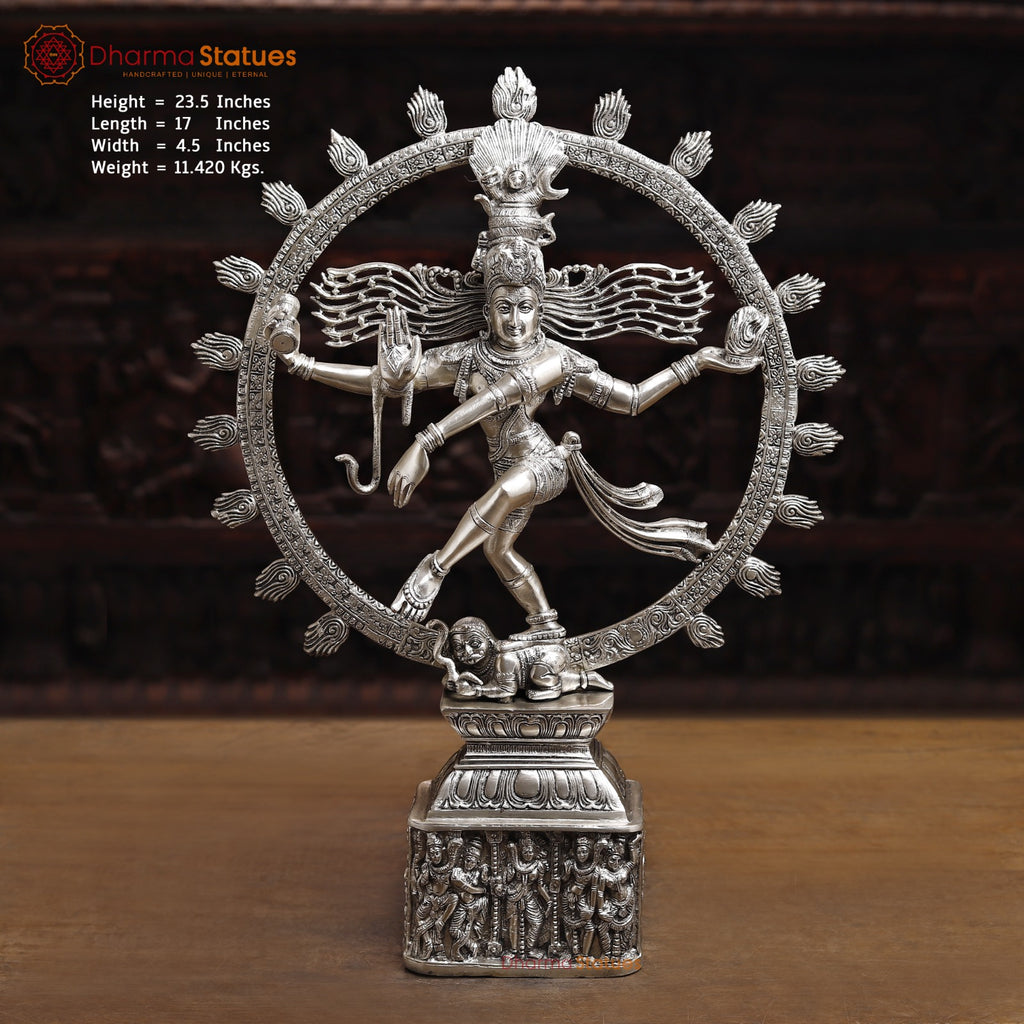 Brass Natraj Statue, Dancing Sculpture of Lord Shiva, Silver finish 23.5" front view