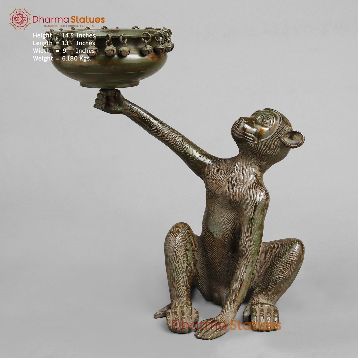 Brass Monkey Urli, Green Antique Patina 14.5”