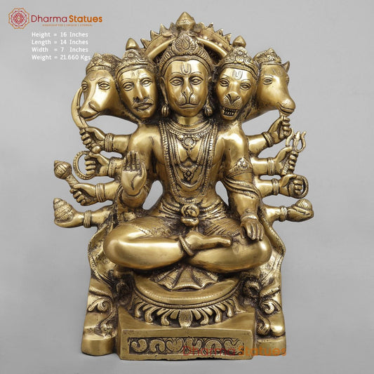 Brass Hanuman Panchmukhi seated , Light antique finish 16”