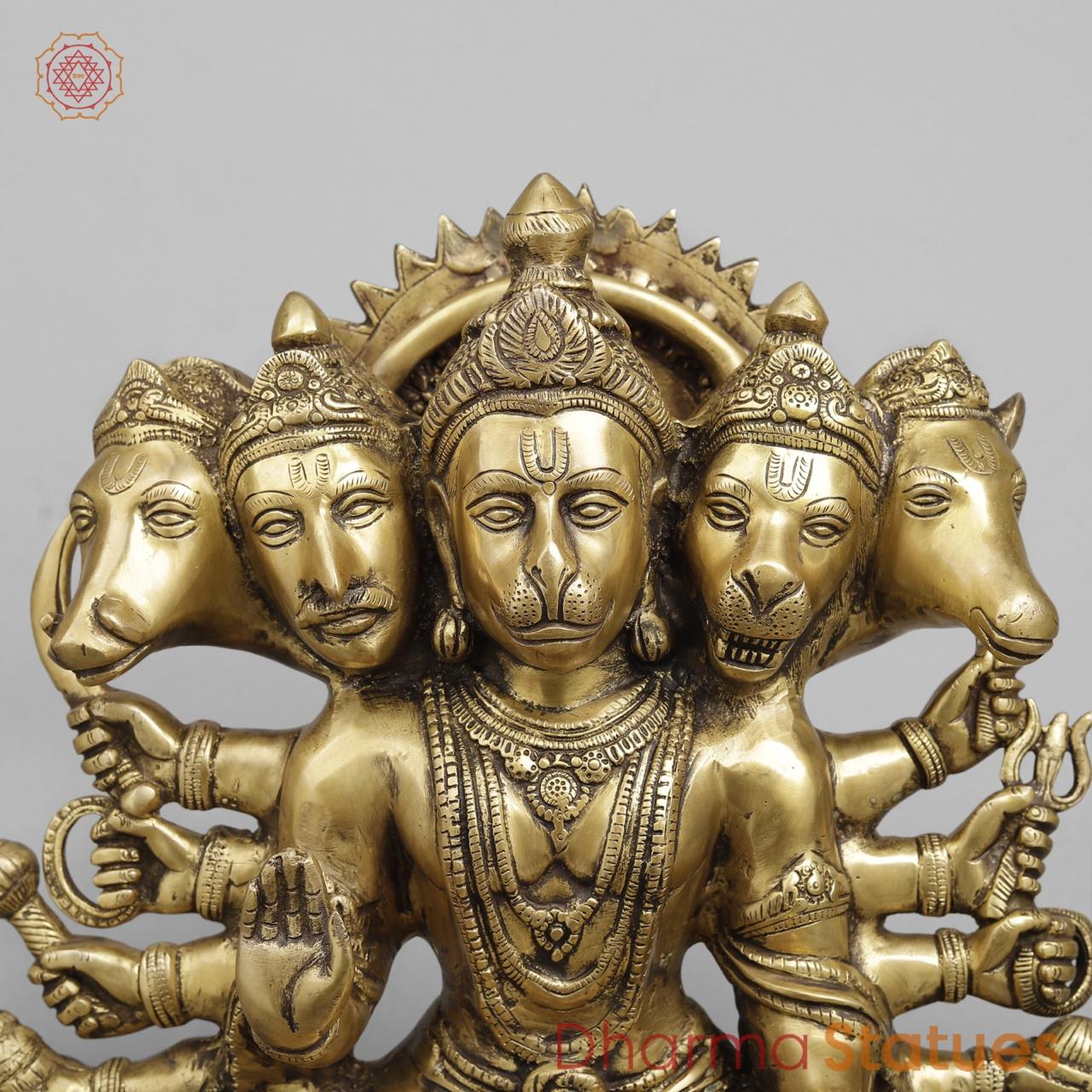 Brass Hanuman Panchmukhi seated , Light antique finish 16”