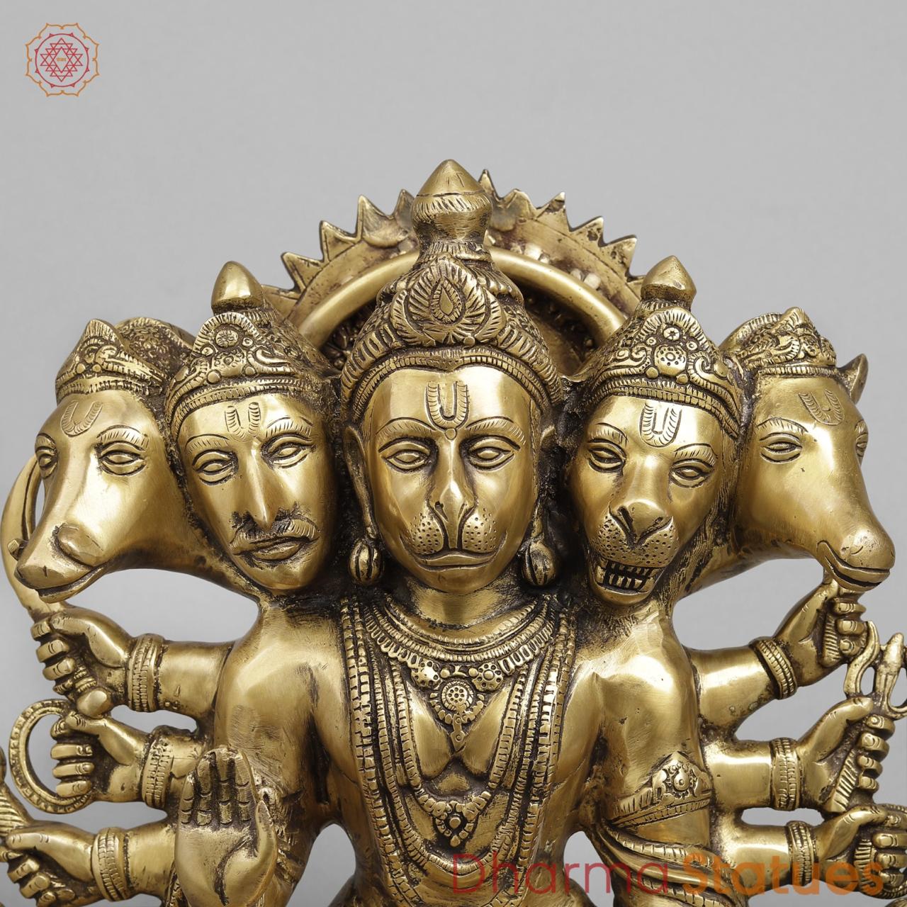Brass Hanuman Panchmukhi seated , Light antique finish 16”
