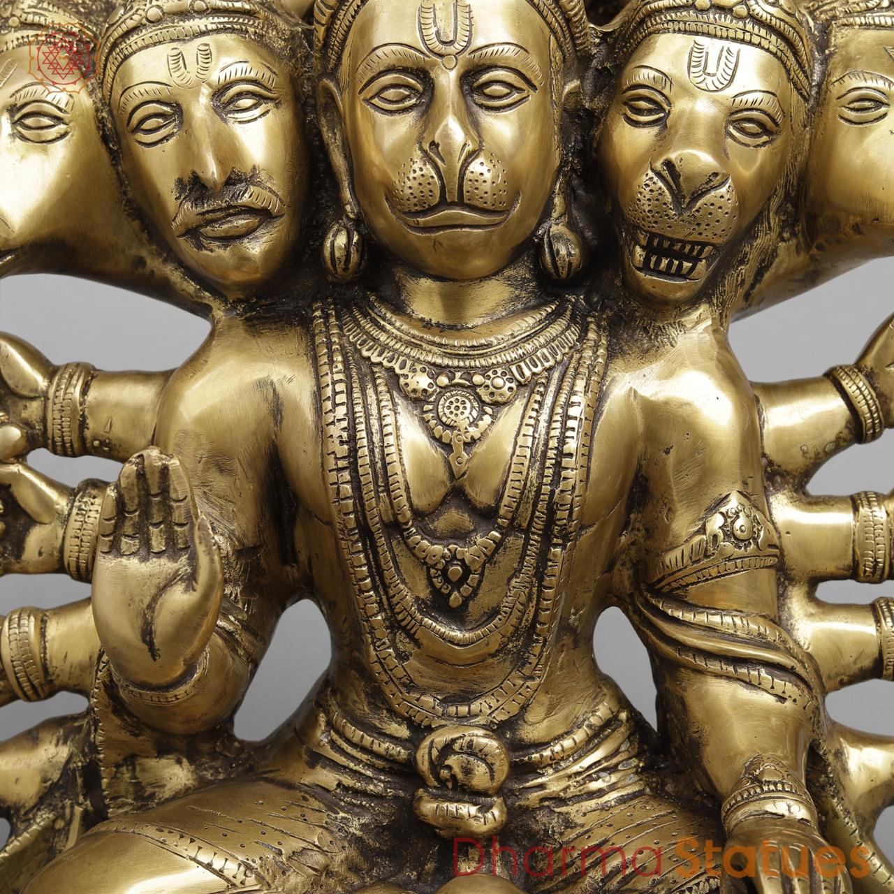 Brass Hanuman Panchmukhi seated , Light antique finish 16”