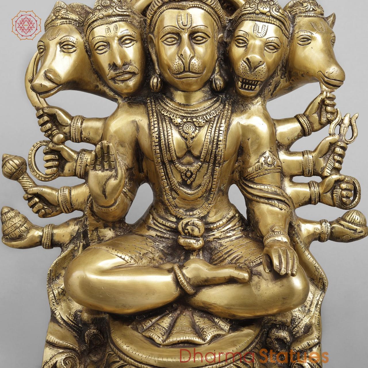 Brass Hanuman Panchmukhi seated , Light antique finish 16”