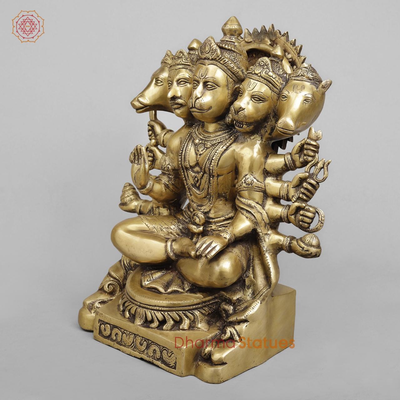 Brass Hanuman Panchmukhi seated , Light antique finish 16”