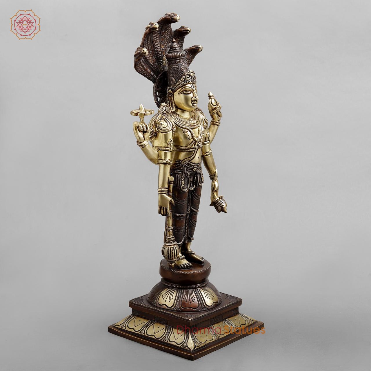 Brass vishnu Standing with snake, Dual tone finish 18”