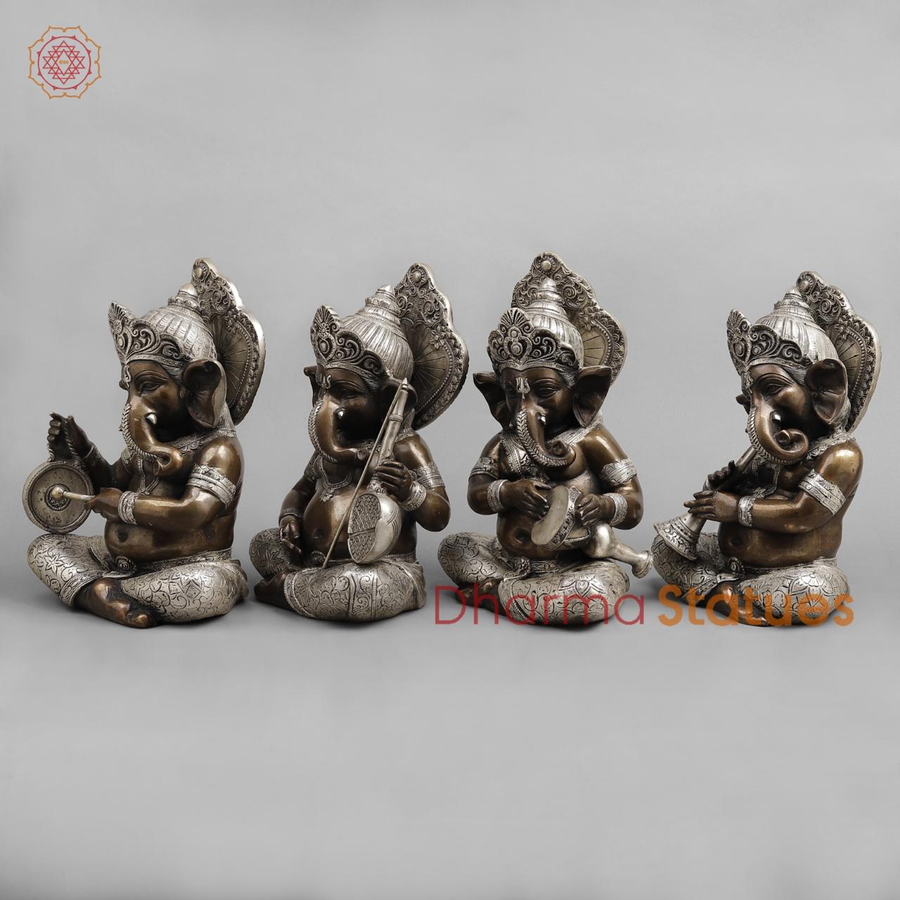 Brass Musician Ganesh , Silver copper finish 12”