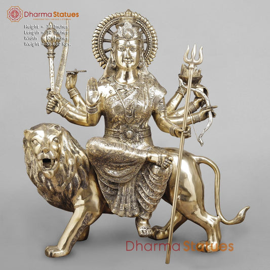 Brass Durga seated on Lion , Fine smooth finish 38”