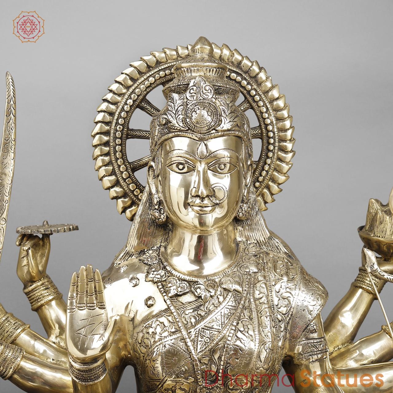 Brass Durga seated on Lion , Fine smooth finish 38”