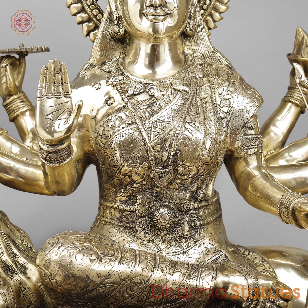 Brass Durga seated on Lion , Fine smooth finish 38”