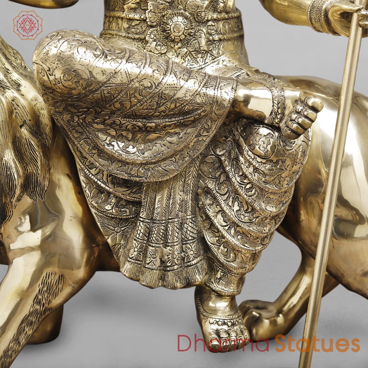 Brass Durga seated on Lion , Fine smooth finish 38”