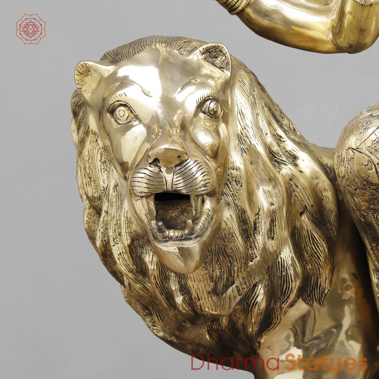Brass Durga seated on Lion , Fine smooth finish 38”