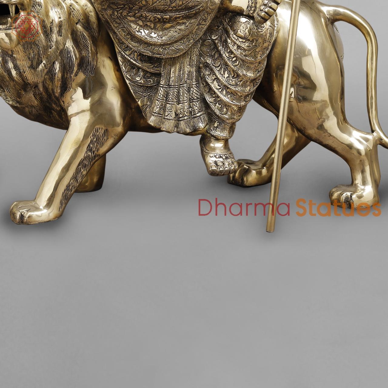 Brass Durga seated on Lion , Fine smooth finish 38”