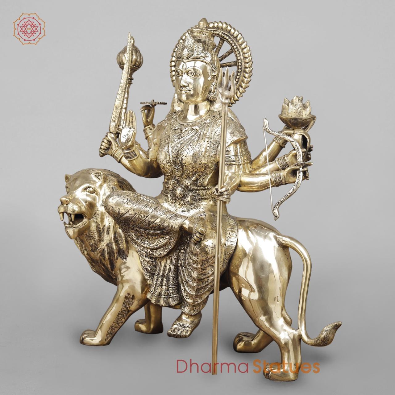 Brass Durga seated on Lion , Fine smooth finish 38”