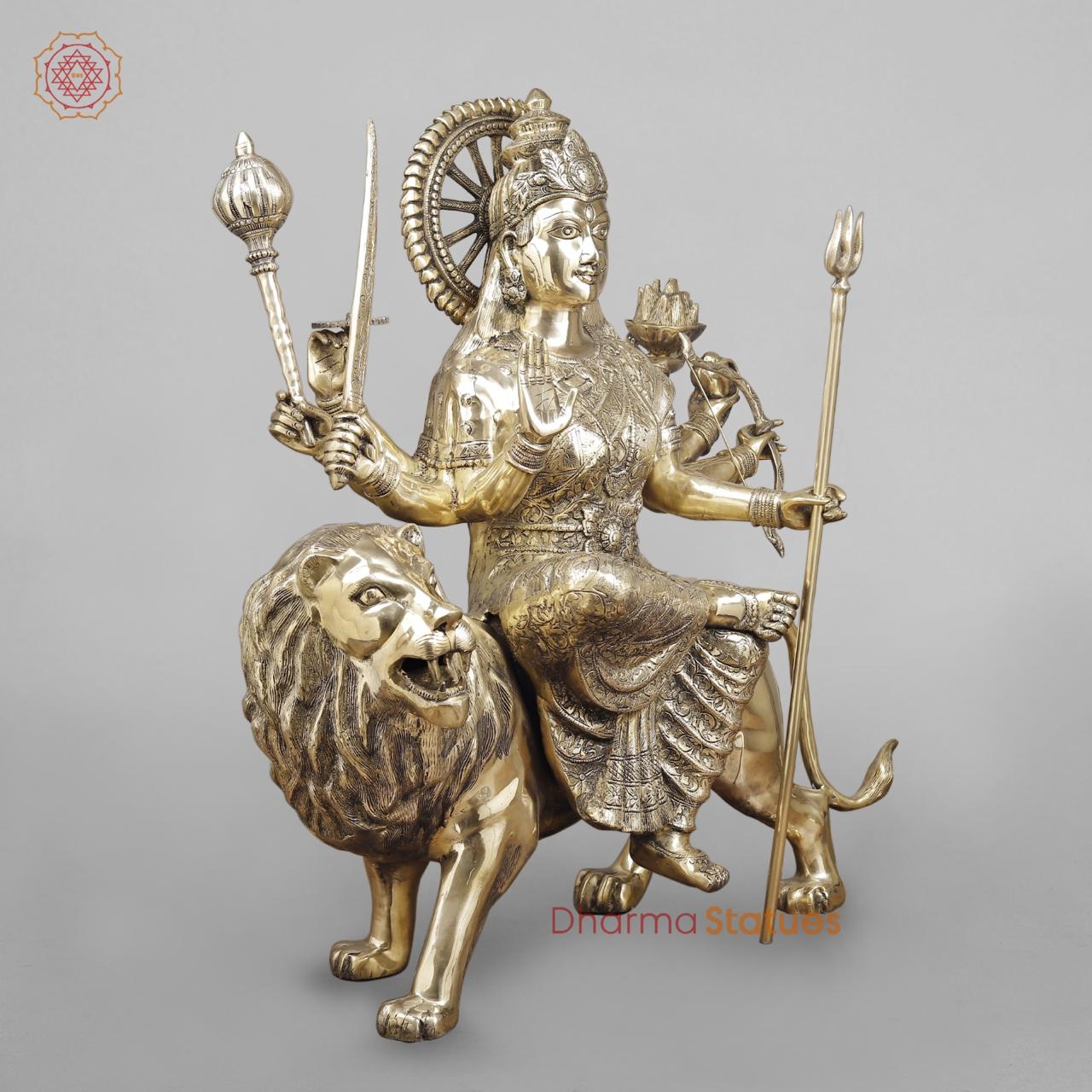 Brass Durga seated on Lion , Fine smooth finish 38”