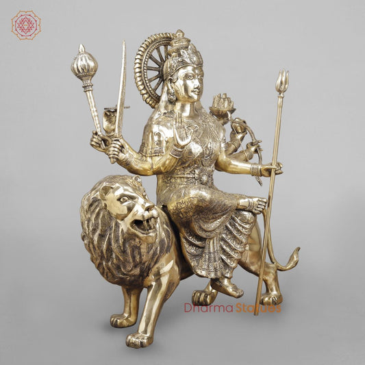 Brass Durga seated on Lion , Fine smooth finish 38”