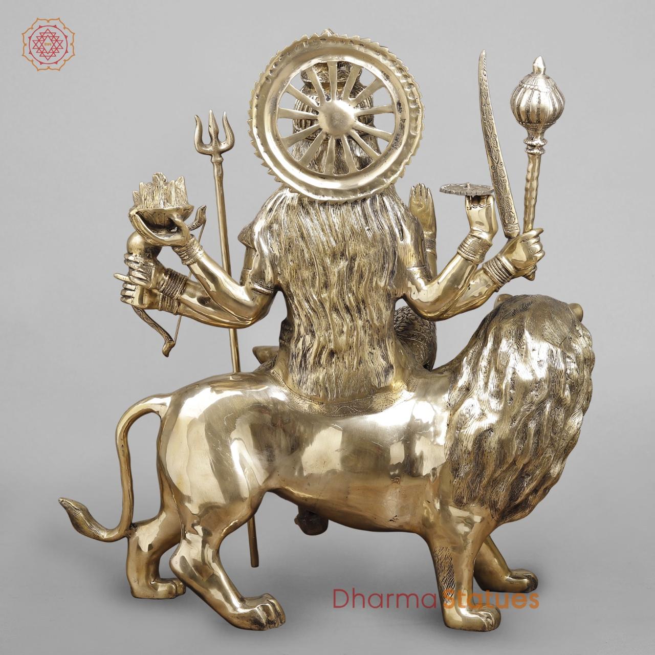 Brass Durga seated on Lion , Fine smooth finish 38”