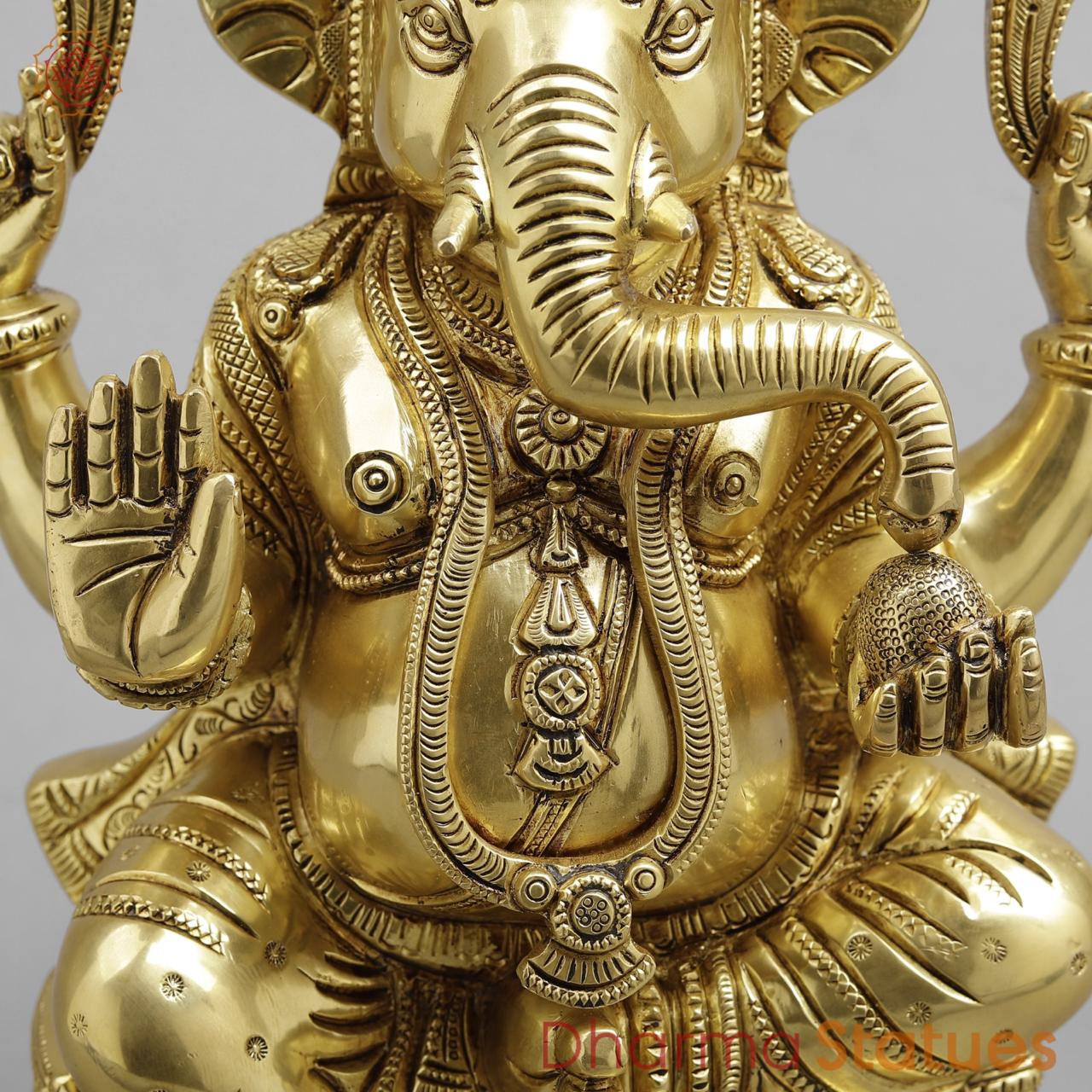 Brass Ganesh seated Fine on Chowki base, super fine Golden finish 15”