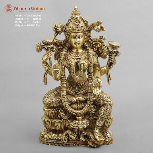 Brass Laxmi seated With fine Ornaments, Super fine Golden finish 14.5”