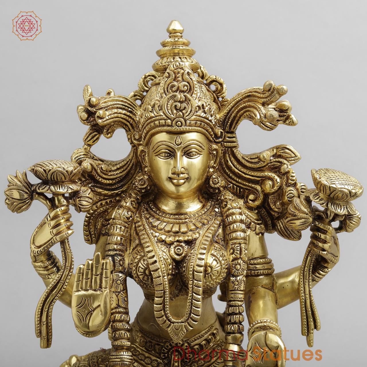 Brass Laxmi seated With fine Ornaments, Super fine Golden finish 14.5”