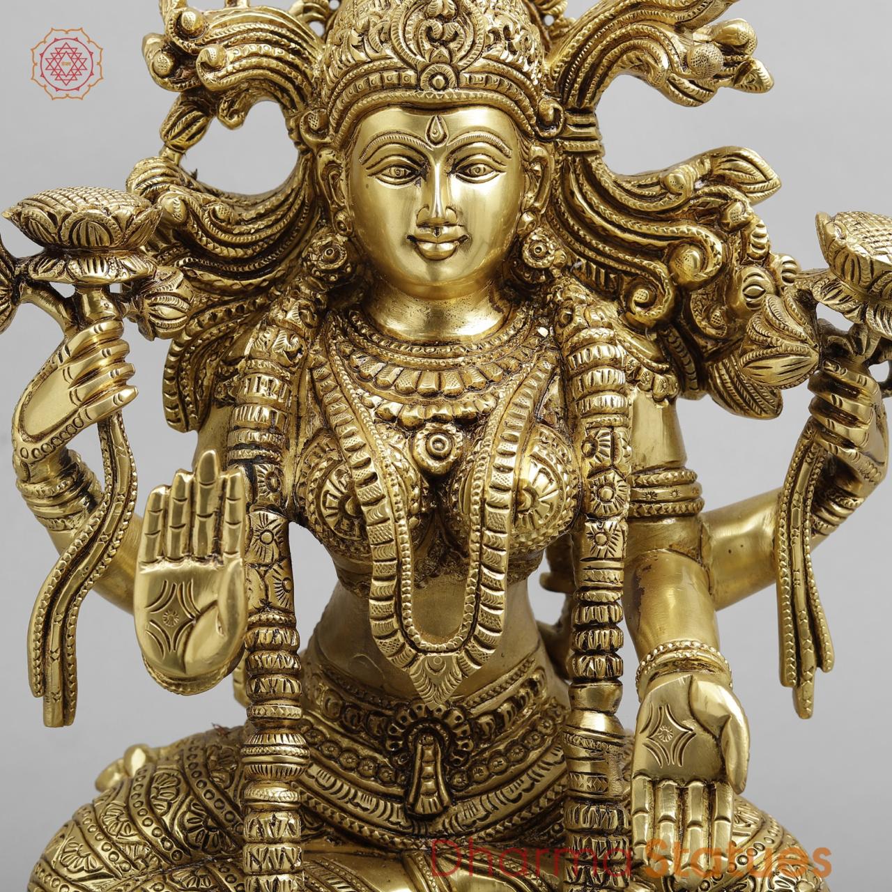Brass Laxmi seated With fine Ornaments, Super fine Golden finish 14.5”