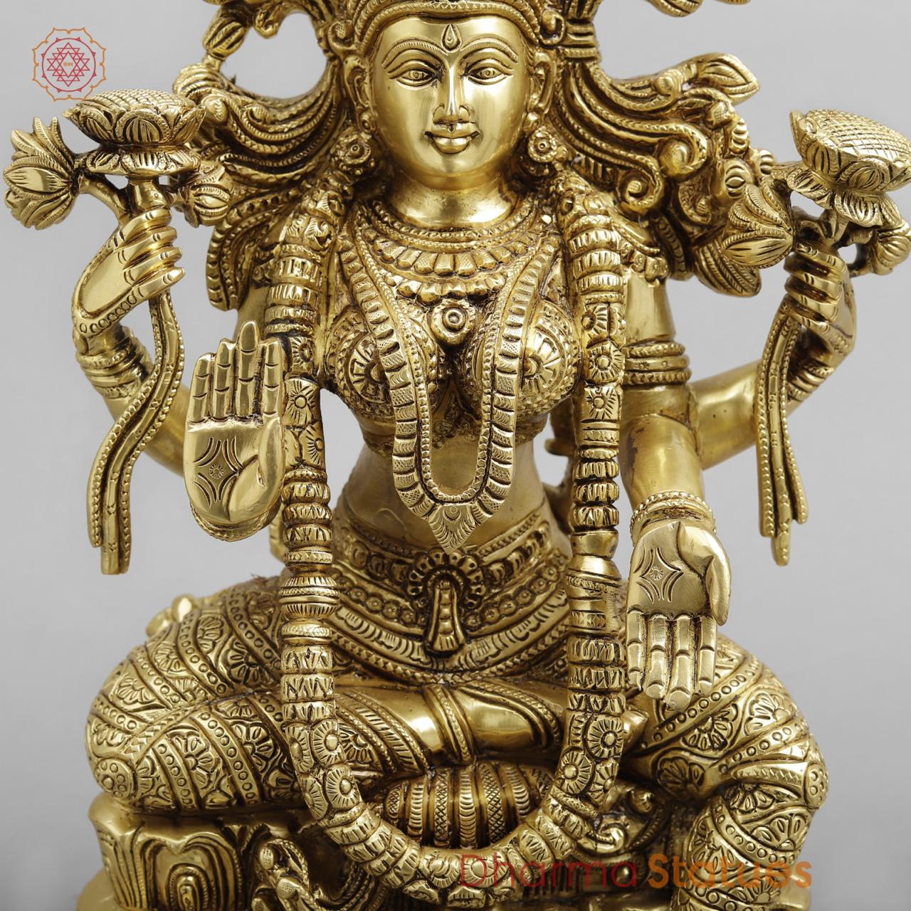 Brass Laxmi seated With fine Ornaments, Super fine Golden finish 14.5”