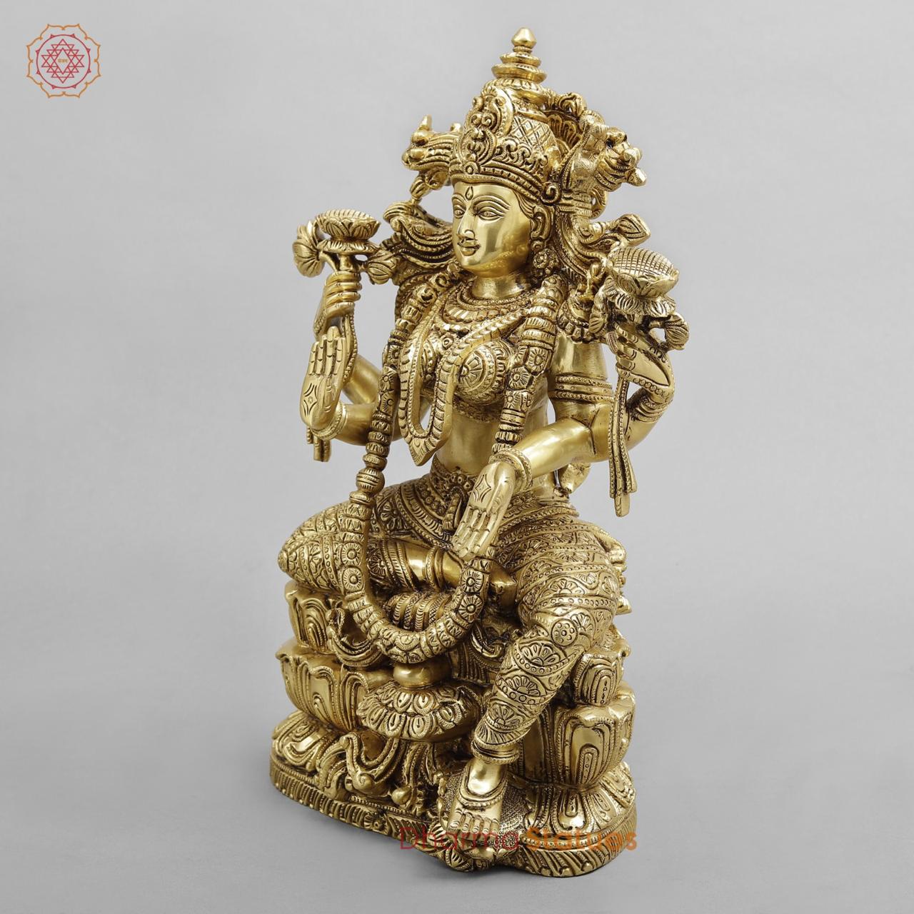 Brass Laxmi seated With fine Ornaments, Super fine Golden finish 14.5”