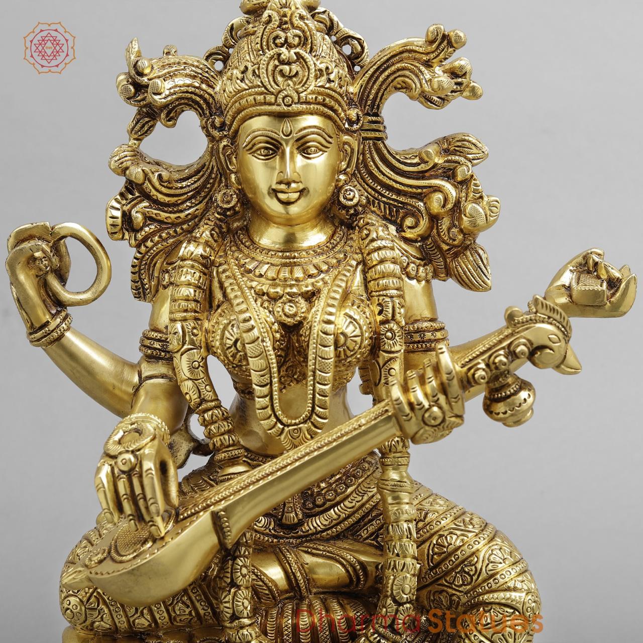 Brass Saraswati seated with fine Ornaments, superfine Golden finish 15”