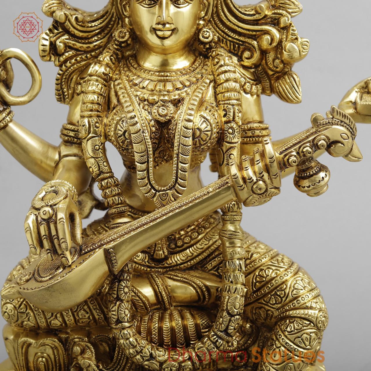 Brass Saraswati seated with fine Ornaments, superfine Golden finish 15”