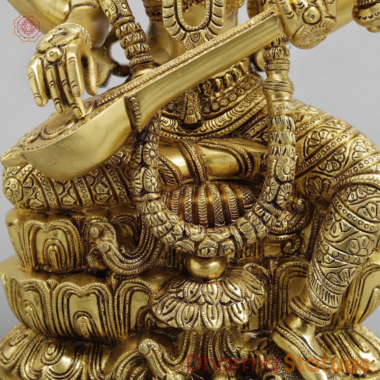 Brass Saraswati seated with fine Ornaments, superfine Golden finish 15”