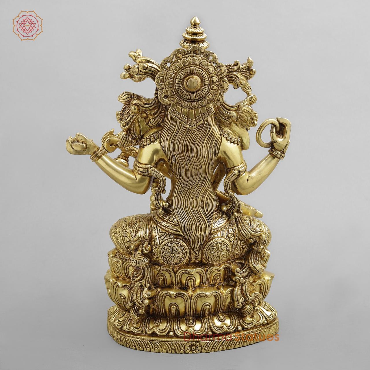 Brass Saraswati seated with fine Ornaments, superfine Golden finish 15”