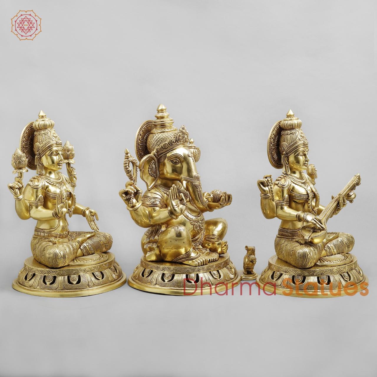 Brass Laxmi Ganesh Saraswati fine Carving , Fine Golden finish 18”