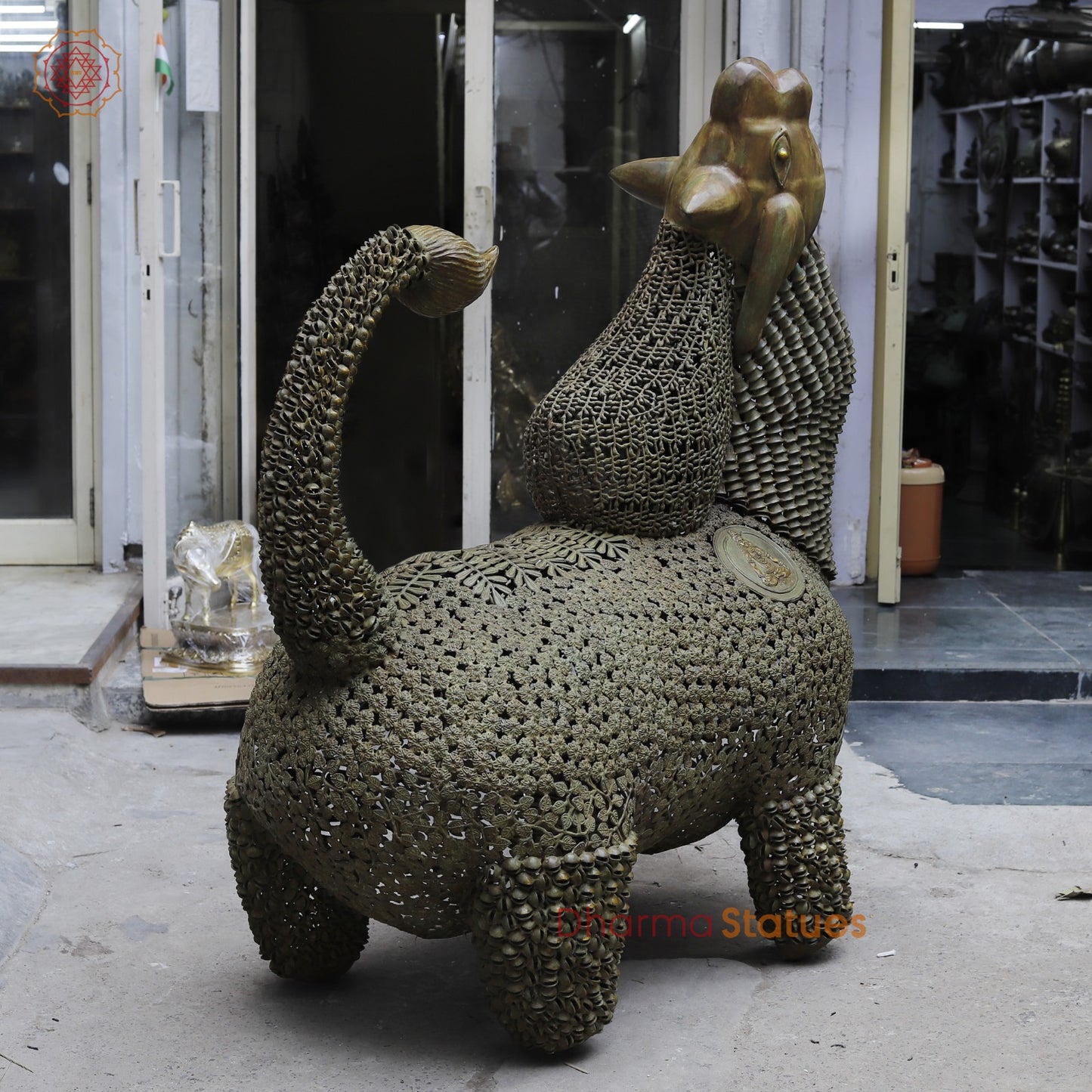 Brass Joyfull Dancing Nandi, Protector of Mount Kailash, Green Patina finish 60”