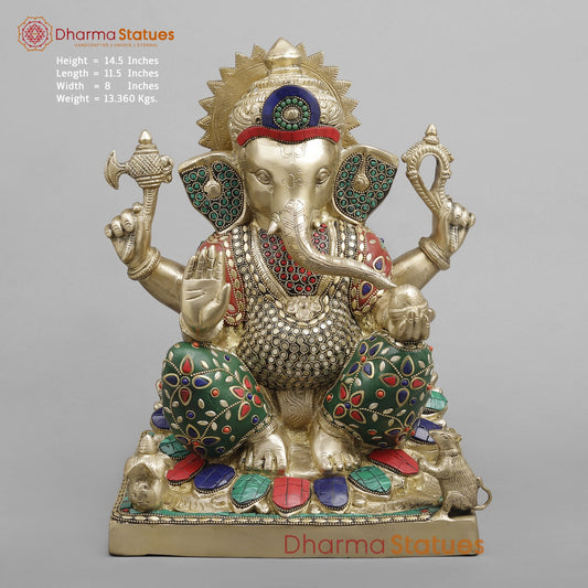 Brass Ganesh Seated fine, Stone work 14.5”