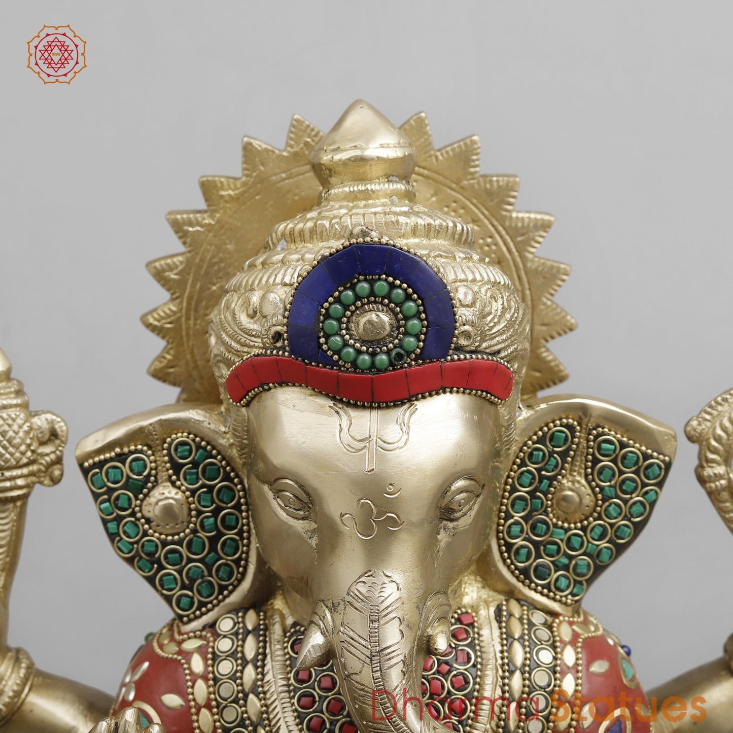 Brass Ganesh Seated fine, Stone work 14.5”