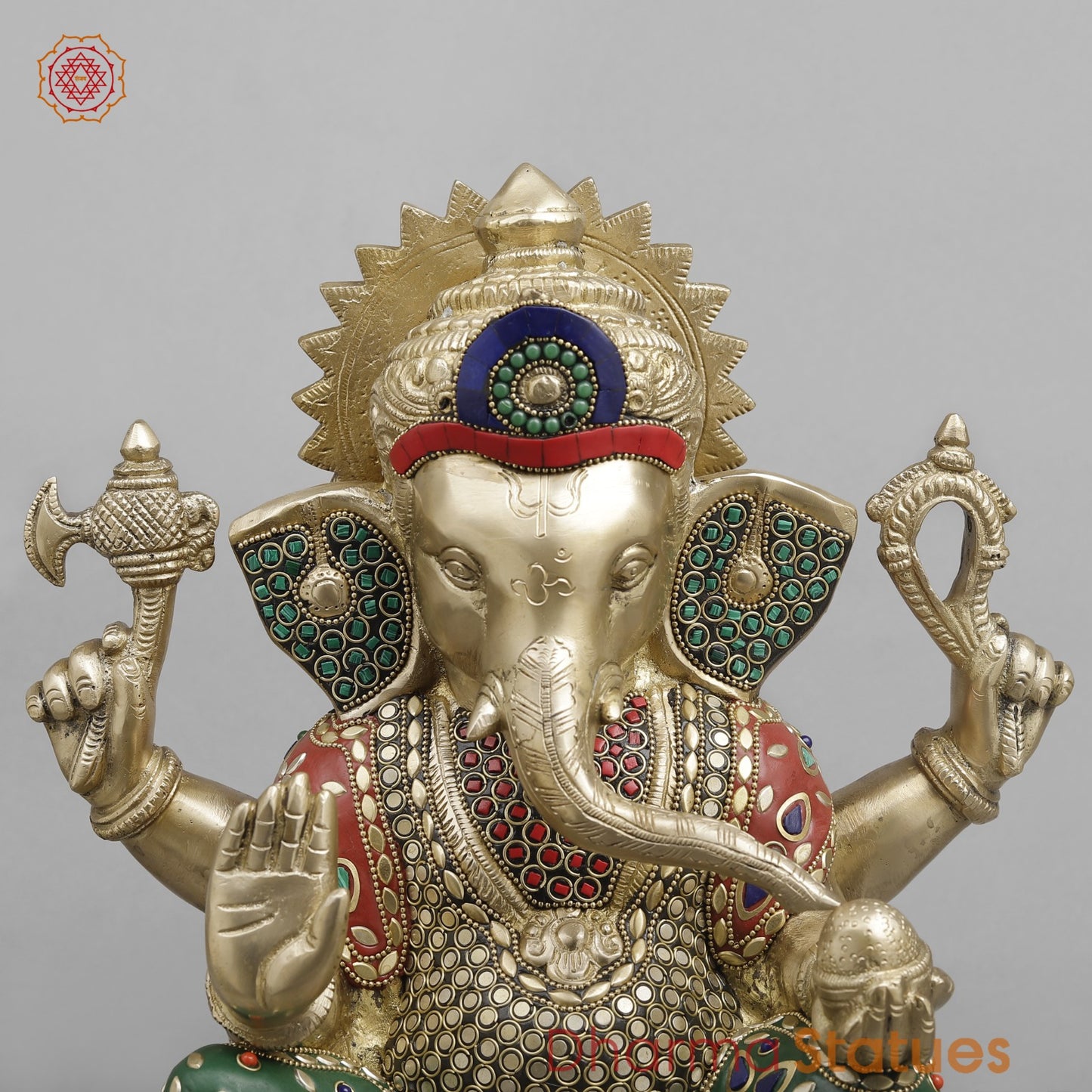 Brass Ganesh Seated fine, Stone work 14.5”