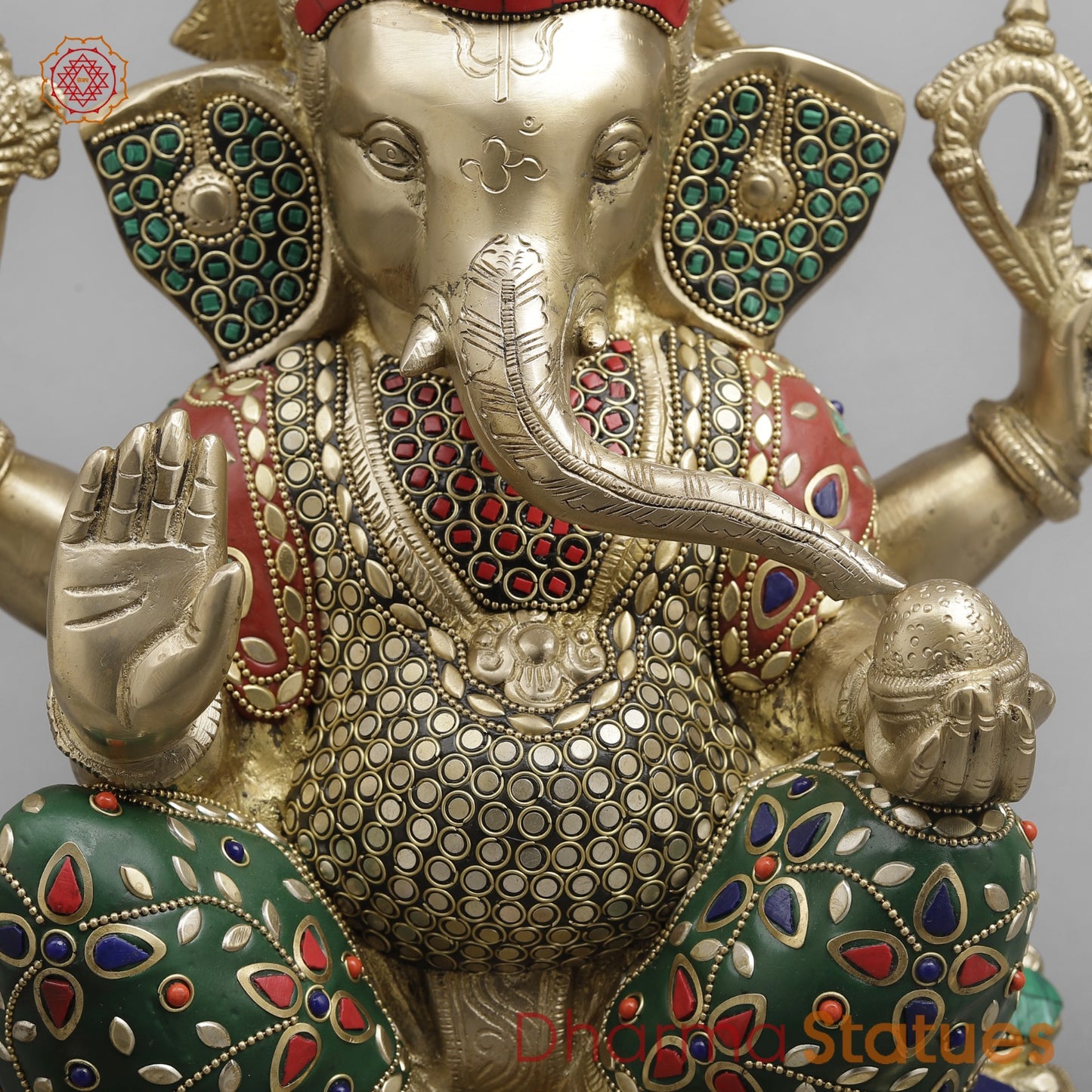 Brass Ganesh Seated fine, Stone work 14.5”