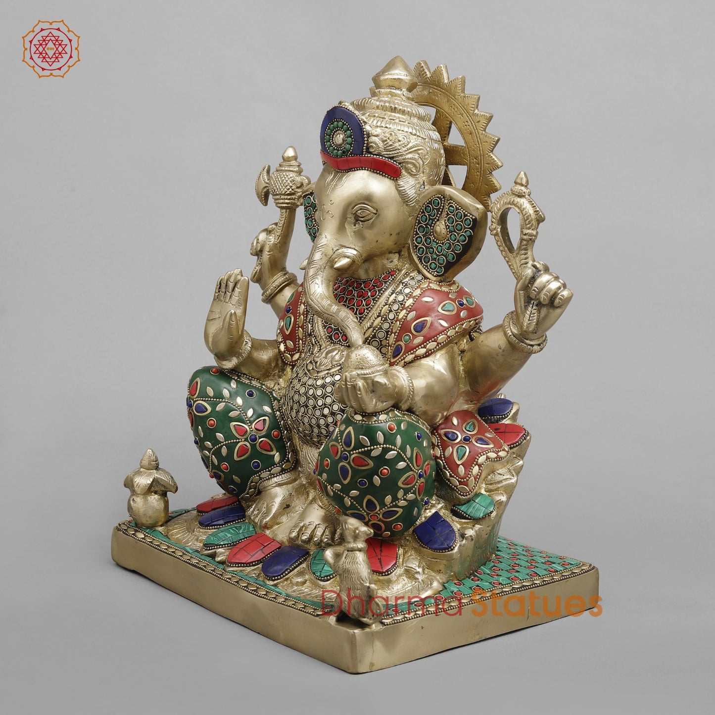 Brass Ganesh Seated fine, Stone work 14.5”