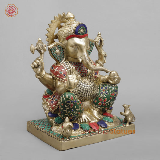 Brass Ganesh Seated fine, Stone work 14.5”