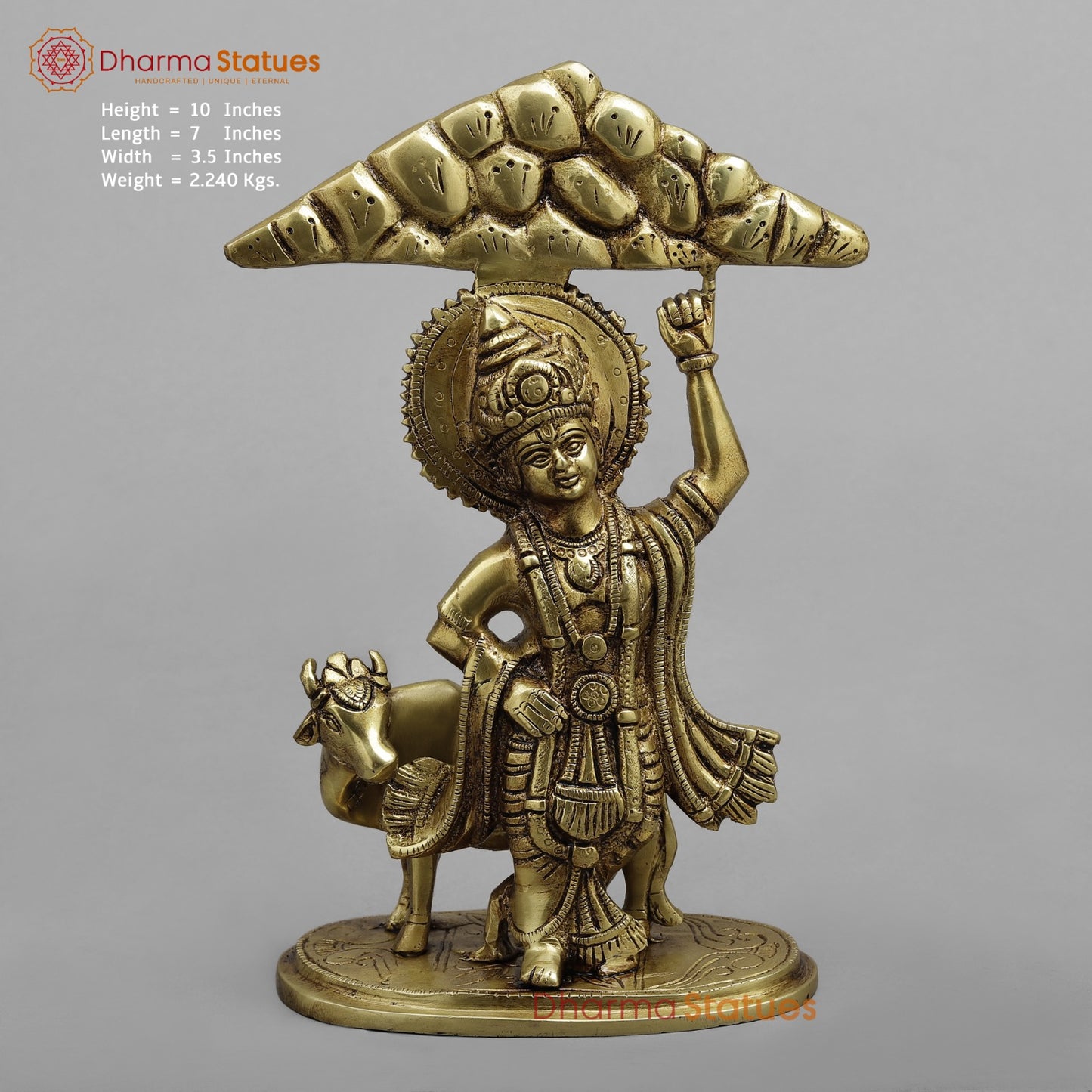 Brass Krishna Lifting Govardhan Parvat, Smooth finish 10”