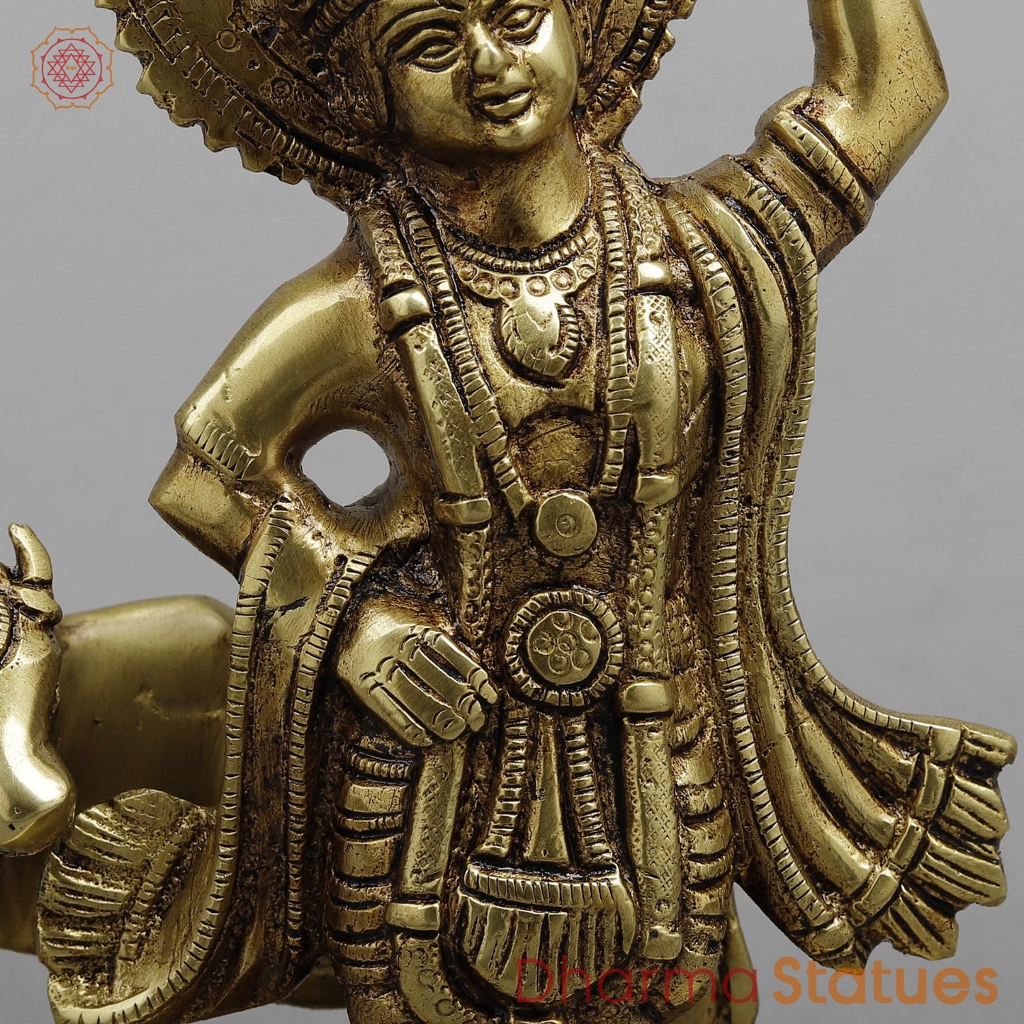 Brass Krishna Lifting Govardhan Parvat, Smooth finish 10”