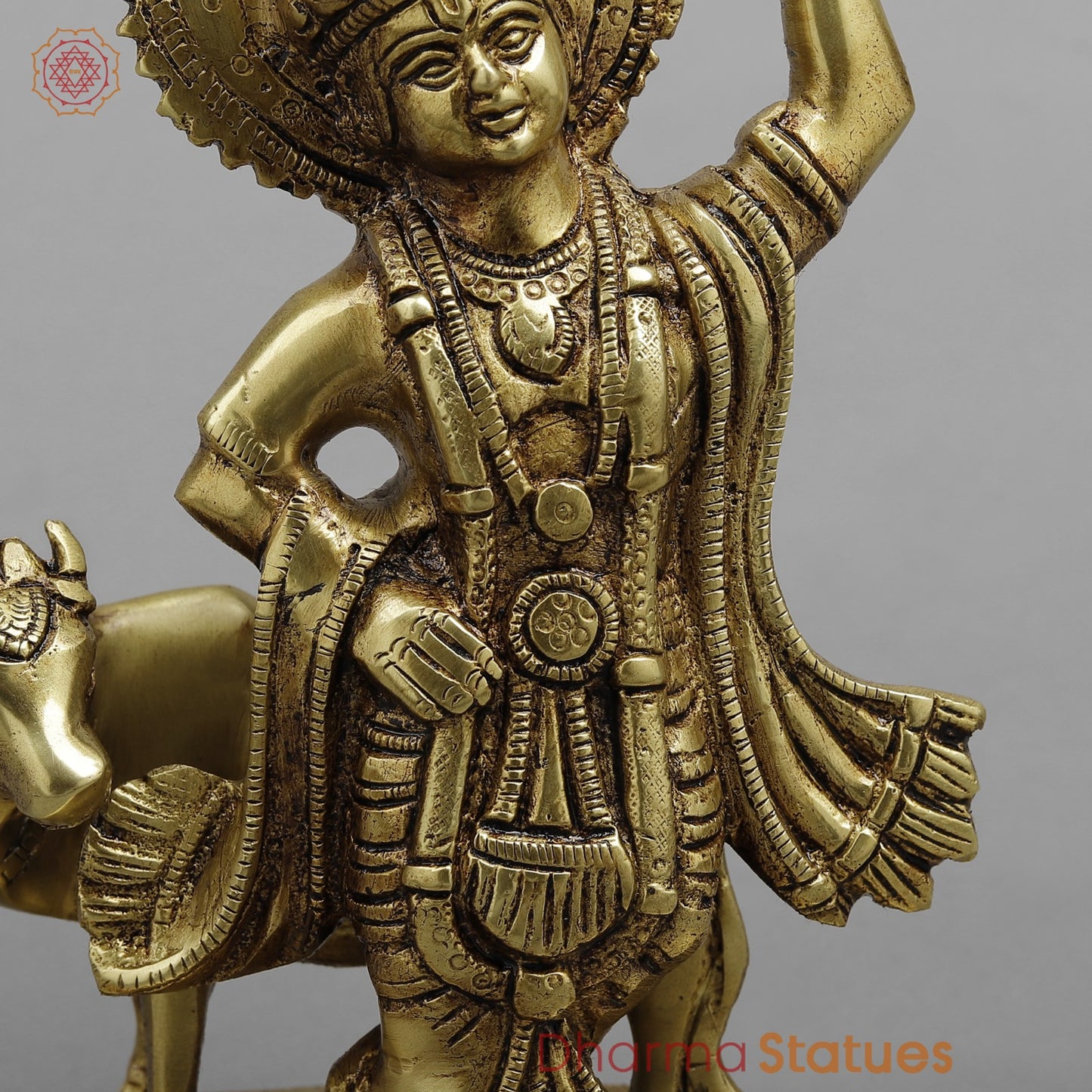 Brass Krishna Lifting Govardhan Parvat, Smooth finish 10”