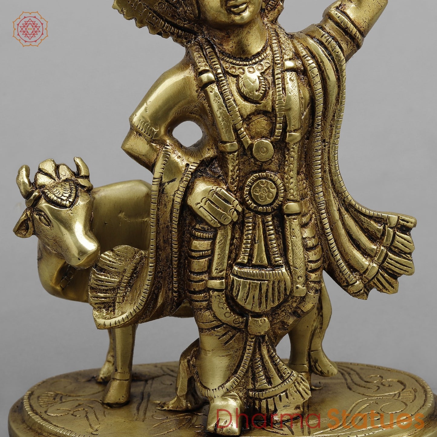 Brass Krishna Lifting Govardhan Parvat, Smooth finish 10”